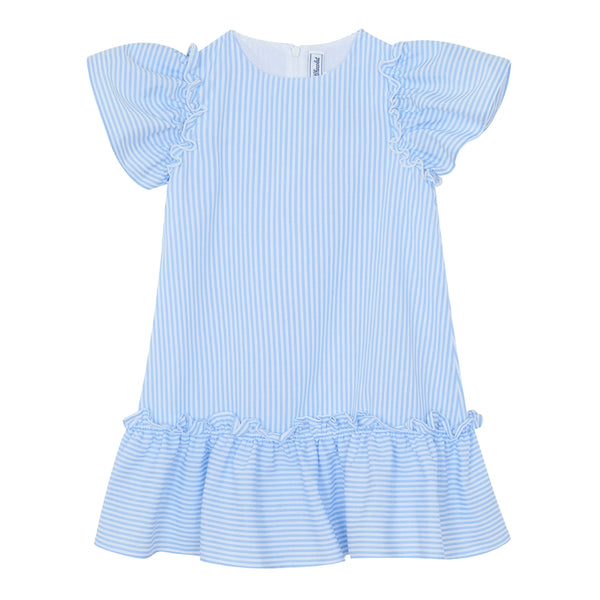 Blue and White Striped Ruffle Sleeve Dress
