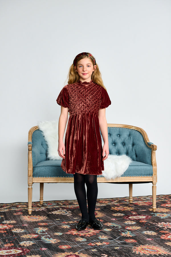 Burgundy Smocked Velvet Dress