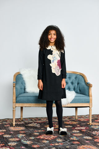 Black with Ivory Collar and Floral Patch Dress