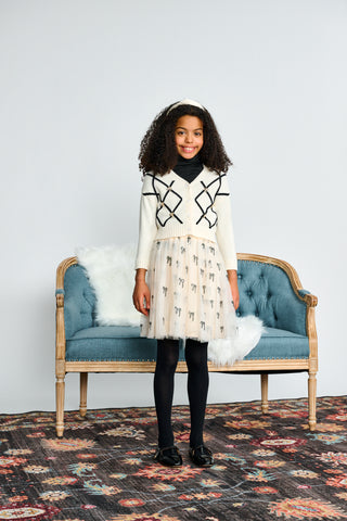 Ivory with Black Diamond Detail and Rhinestone Bow Cardigan