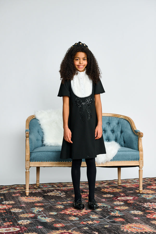 Black with White Bib and Sequin Bow Dress