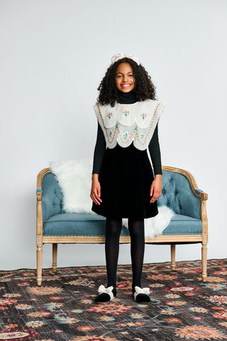 Black with Large Sheer Embroidered Bib Velvet Dress