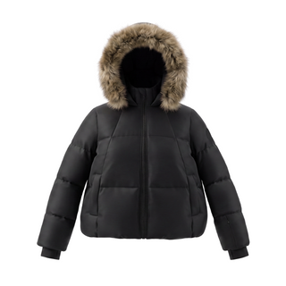 Black Fluted Neck Fur Hooded Bomber Coat