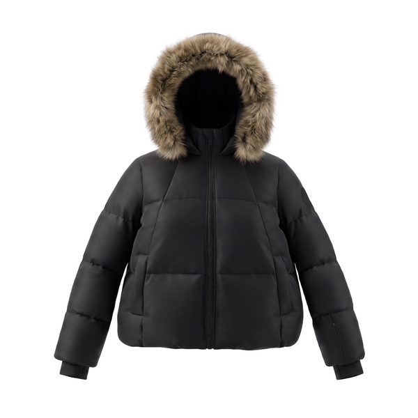 Black Fluted Neck Fur Hooded Bomber Coat