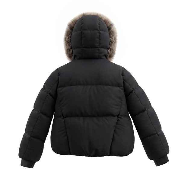 Black Fluted Neck Fur Hooded Bomber Coat