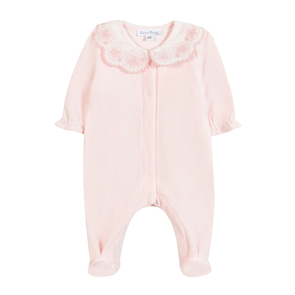 Pink Velour Floral Eyelet Collar Footie