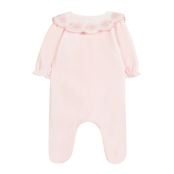 Pink Velour Floral Eyelet Collar Footie
