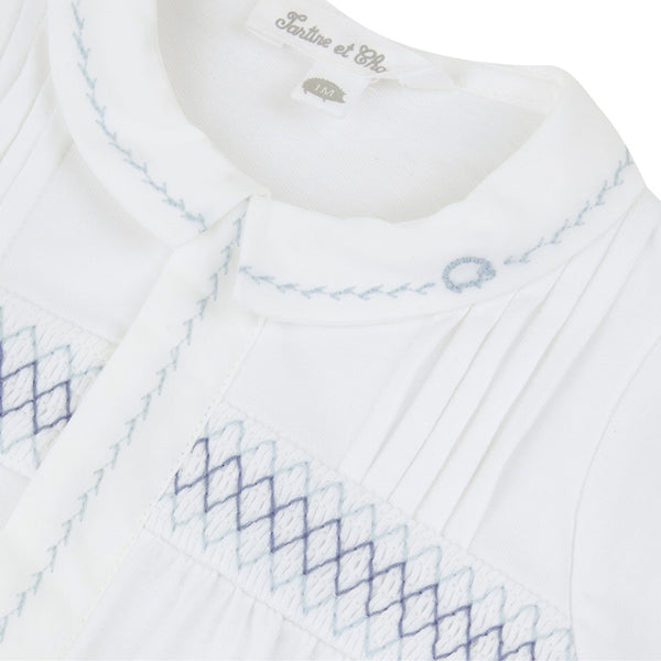 White with Blue Smocking Footie