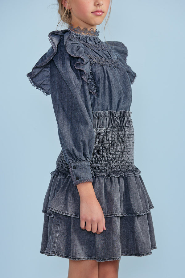 Black Chambray Shirred Tiered Skirt