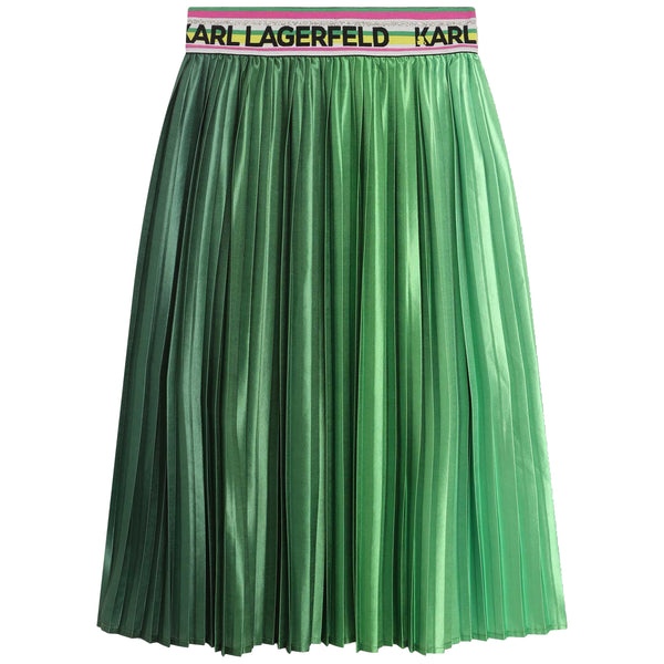 Green Knife Pleat Skirt with Multi Stripe Logo Waistband