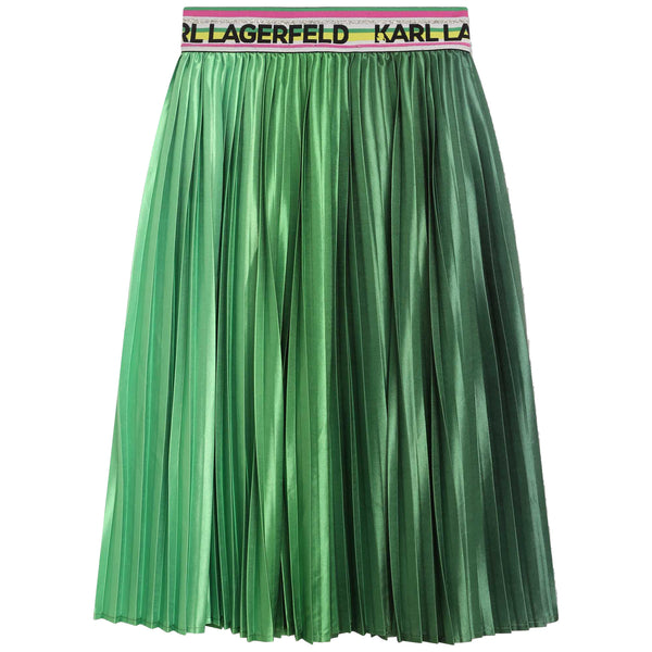 Green Knife Pleat Skirt with Multi Stripe Logo Waistband