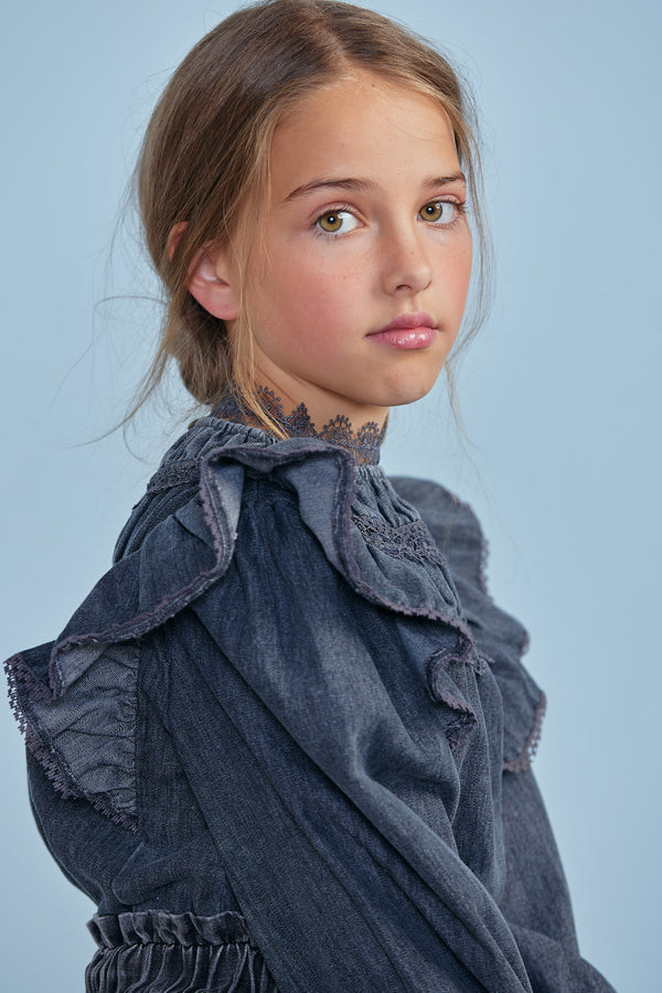 Black Chambray Lace Smock Top
