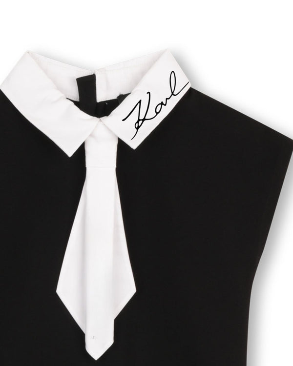 Black Neck Tie Pleated Hem Dress