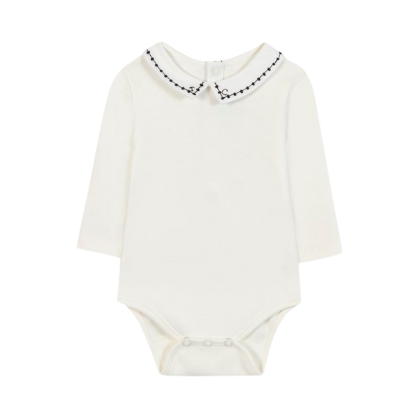 Ivory with Black Embroidered Collar Long Sleeve Onesie