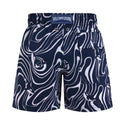 Navy Blue Orca Wave Stripe Swim Trunks