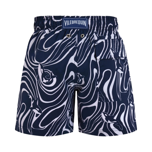 Navy Blue Orca Wave Stripe Swim Trunks