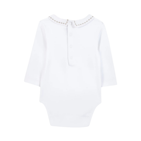 White with Grey Embroidered Collar Long Sleeve Onesie