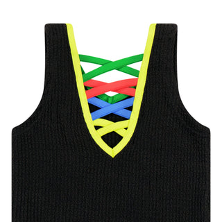 Black Crinkle Bathing Suit with Neon Trim
