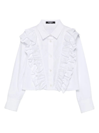 White Ruffle Button Blouse