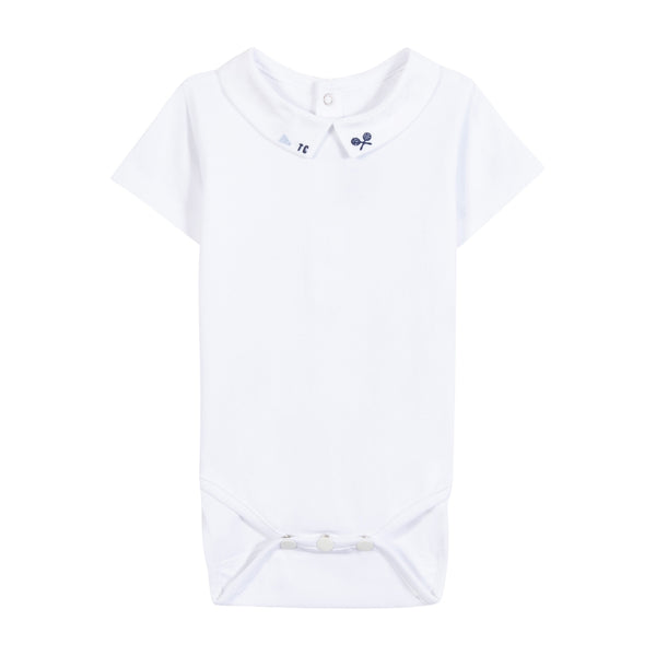 White with Navy Badminton Collar Onesie