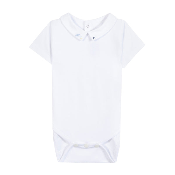 White with Light Blue Surfboard Collar Onesie