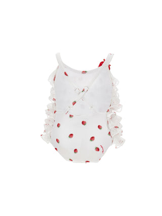 White and Red Strawberry Ruffled Swimsuit