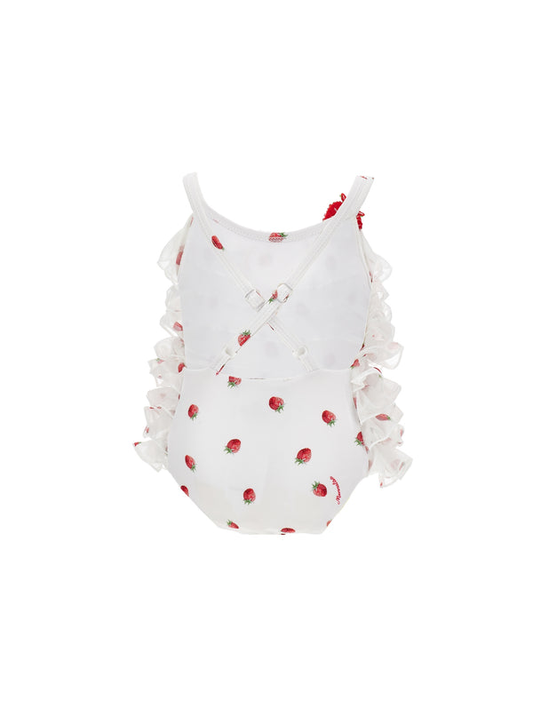 White and Red Strawberry Ruffled Swimsuit