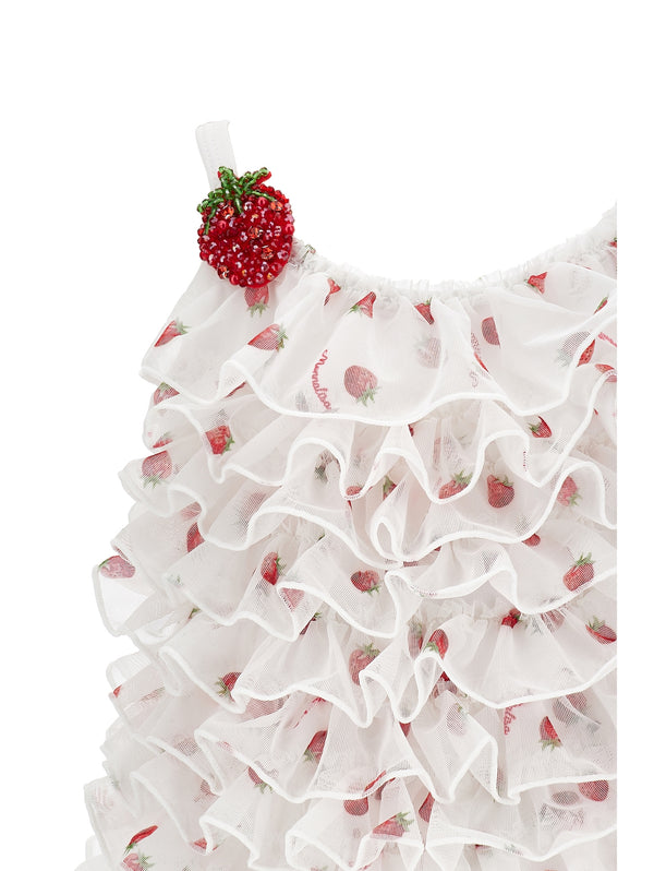 White and Red Strawberry Ruffled Swimsuit