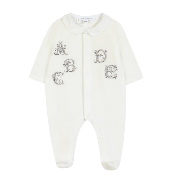 White Velour A B C Embroidered Footie