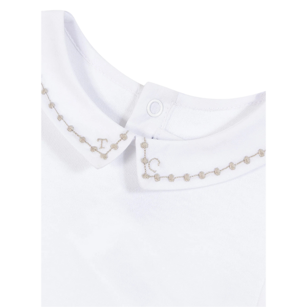 White with Grey Embroidered Collar Long Sleeve Onesie