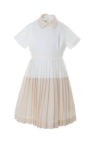 Beige 3/4 Sleeves Pleated Cotton Dress