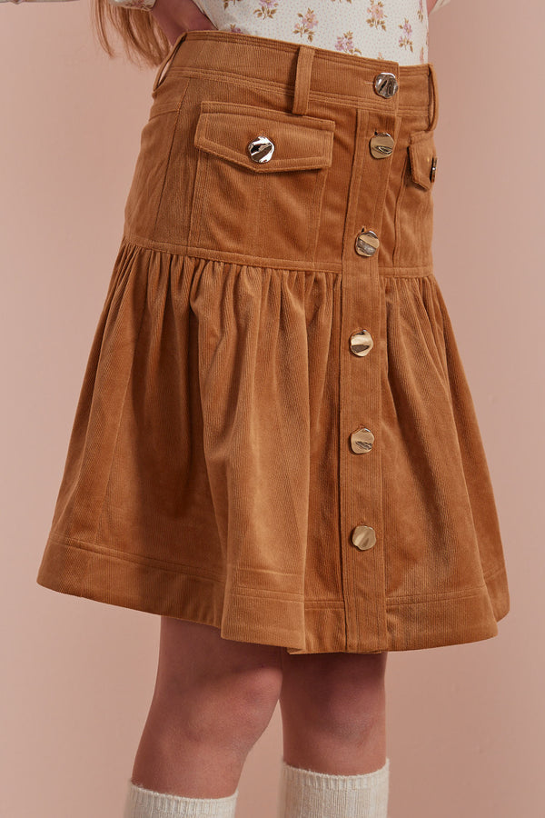 Toffee Cord Fit & Flare Button Skirt