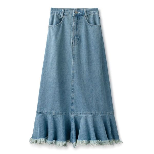 Denim Ruffle Trim Maxi Skirt