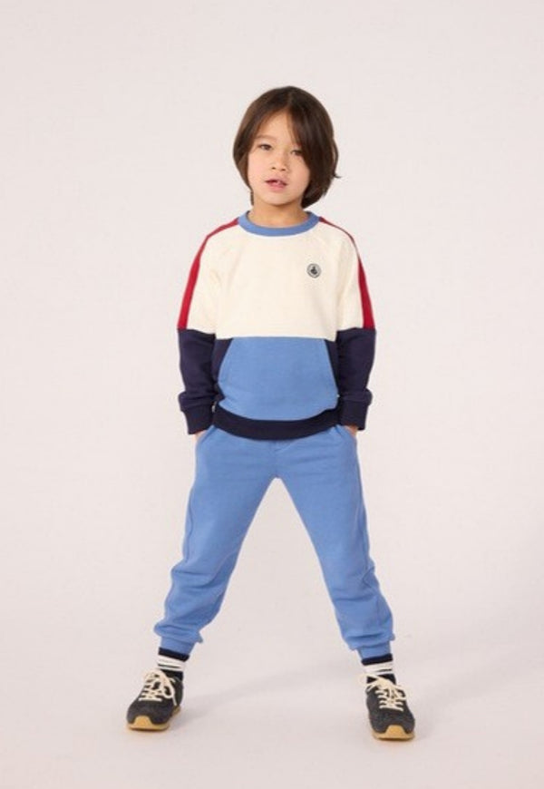 White and Navy Color Block Crewneck