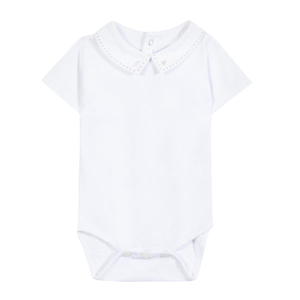 White with Beige Embroidered Collar Onesie