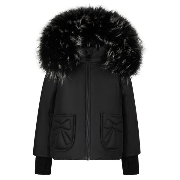 Black Bow Fur Hooded Winter Coat