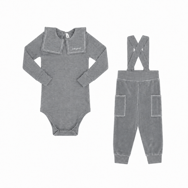 Grey Velour Onesie and Overall Set