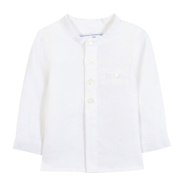 White Little Boys Collarless Linen Shirt