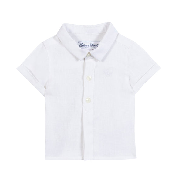 White Little Boys Short Sleeve Linen Shirt