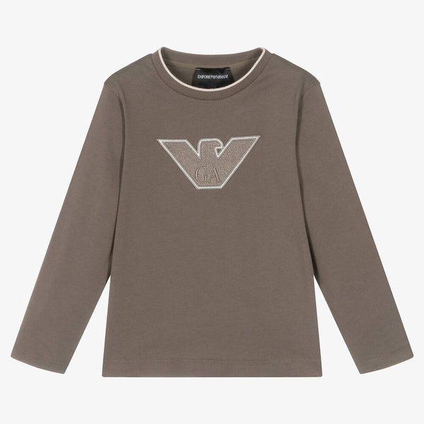 Brown LS Eagle Logo Tee with Neck Trim