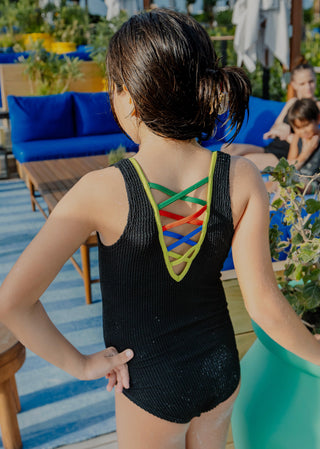 Black Crinkle Bathing Suit with Neon Trim