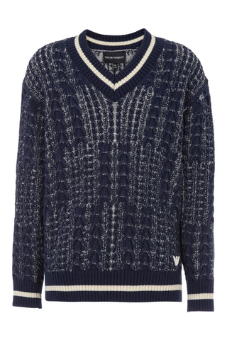 Blue Textured V-Neck Sweater