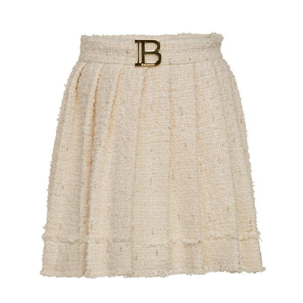 Ivory Boucle Pleated Skirt with Logo Buckle
