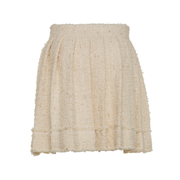Ivory Boucle Pleated Skirt with Logo Buckle