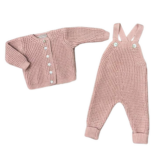 Pink Knit Cardigan and Overalls Set