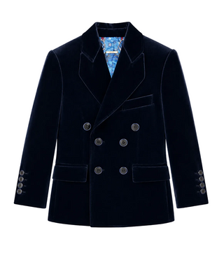 Navy Plush Velvet Double Breasted Blazer
