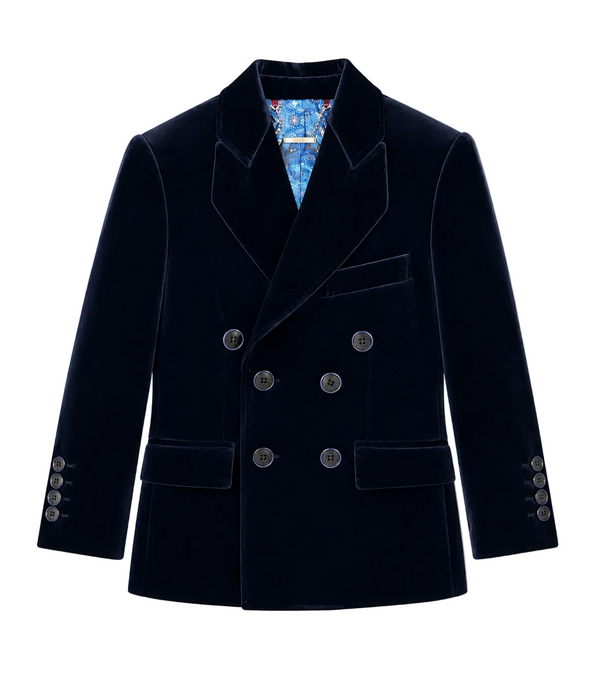 Navy Plush Velvet Double Breasted Blazer
