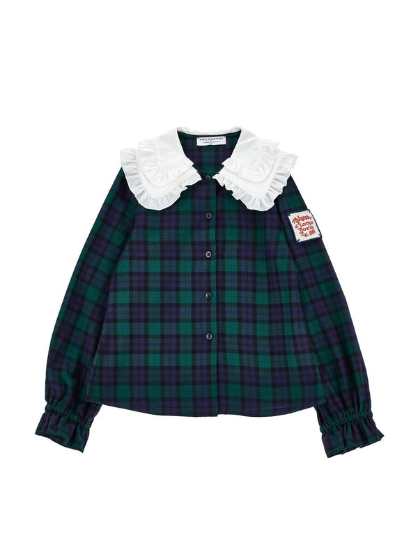 Green and Navy Plaid Frill Collar Blouse