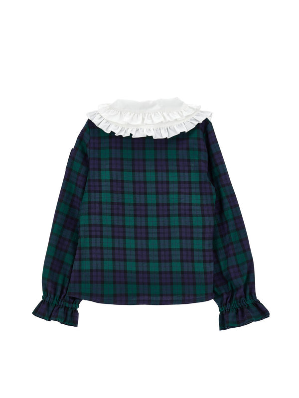 Green and Navy Plaid Frill Collar Blouse