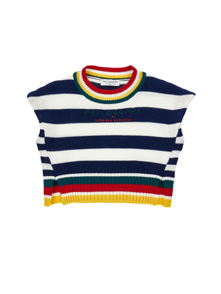 White and Blue Striped Knit Sweater Vest